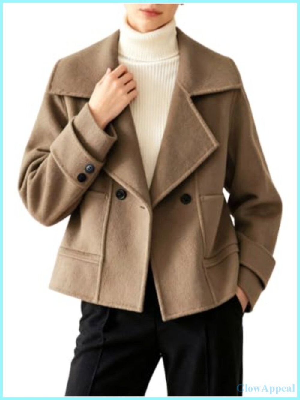 Womens Cropped Wool Blend Pea Coat Notched Lapel Short Double-Breasted Jacket